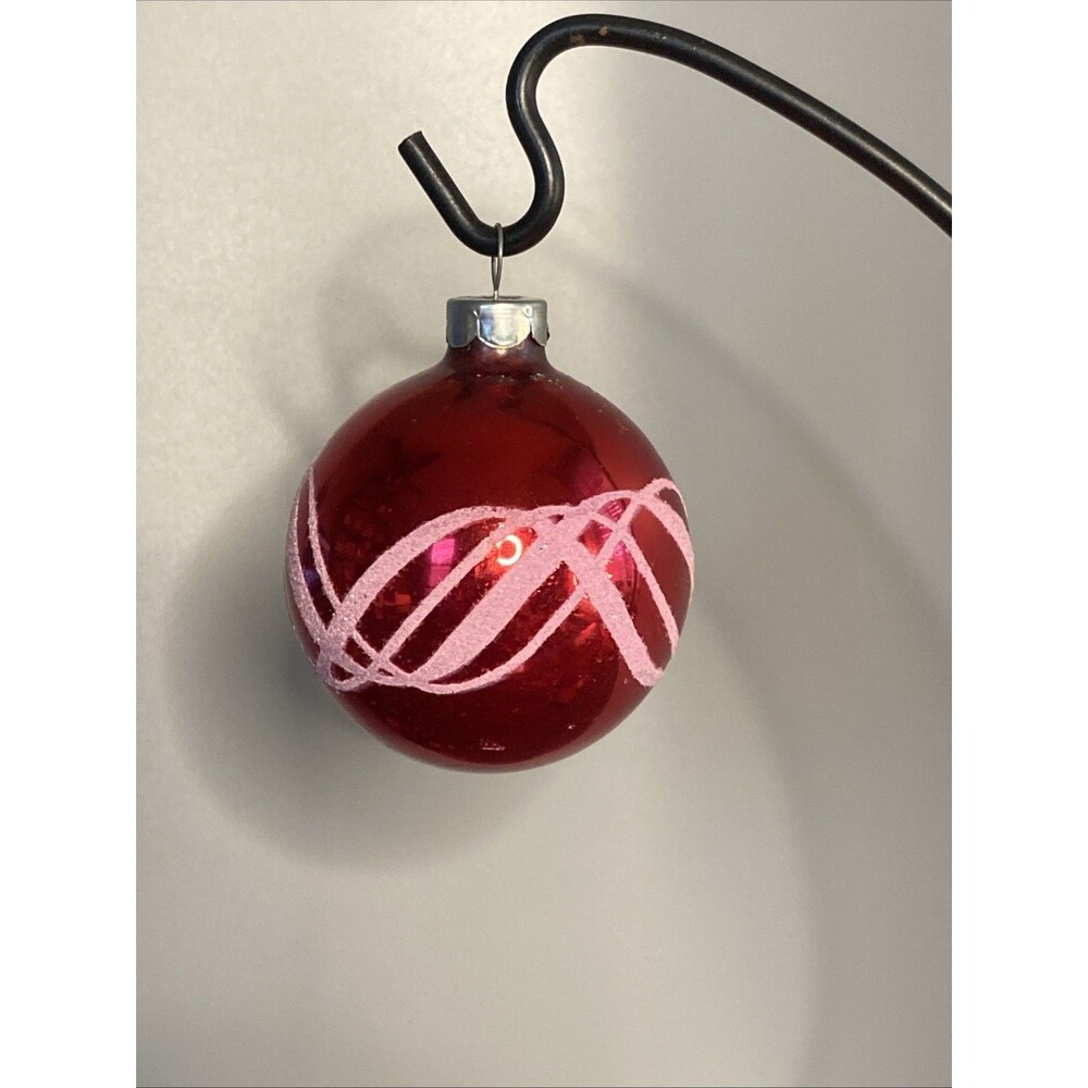 Vtg 60s Stenciled Red Christmas Ornament Swirl Pattern Glitter Coby